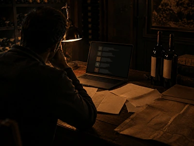 Pessoa pesquisando sobre investimento em vinhos à noite, cercada de anotações e sem uma direção clara